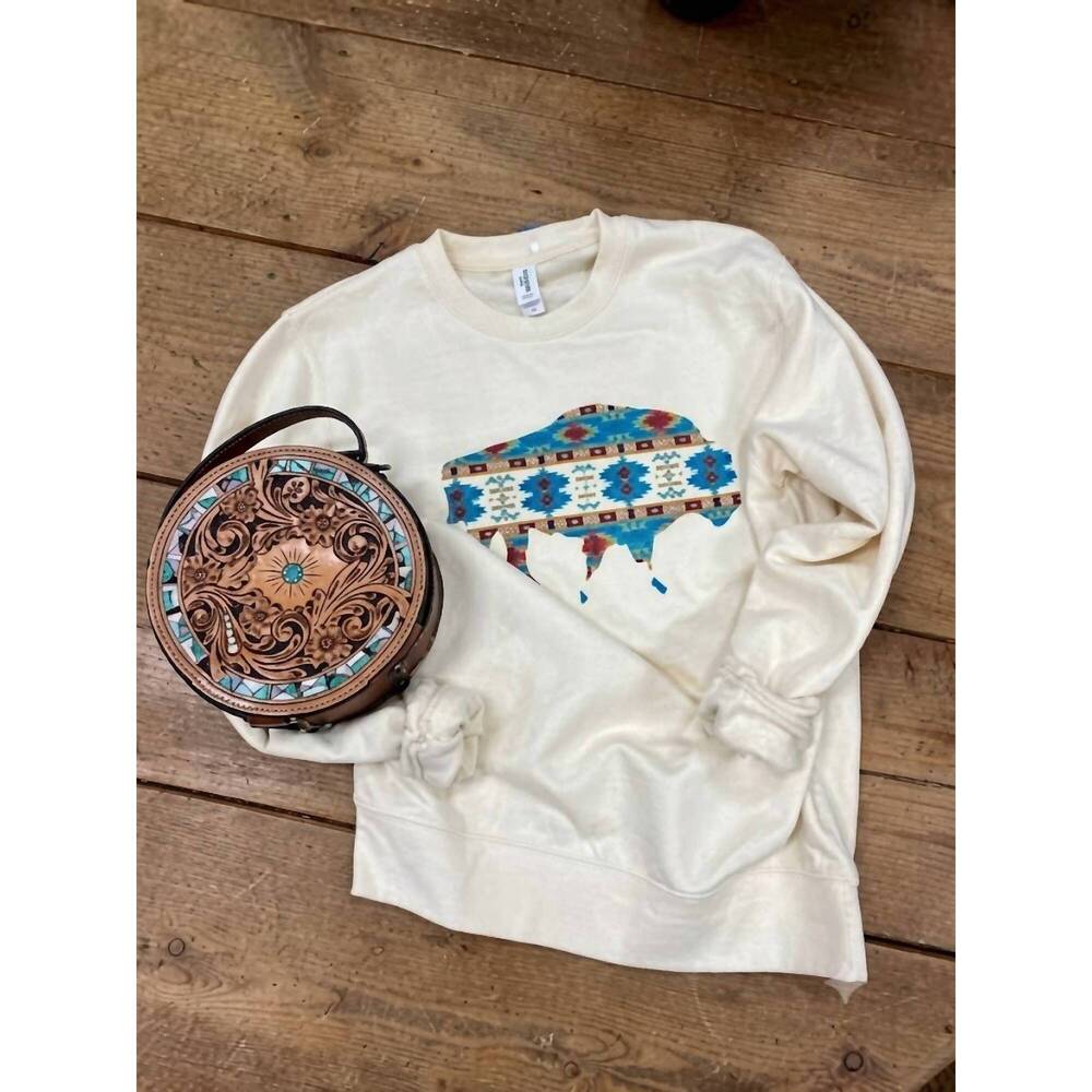 NEW REBEL ROSE crewneck aztec buffalo sweatshirt in cream - Picture 2 of 2